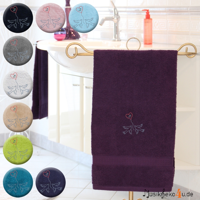 Tauben - Handtuch, farbig in mehreren Größen, zwei verliebten Tauben und einem Herz bestickt