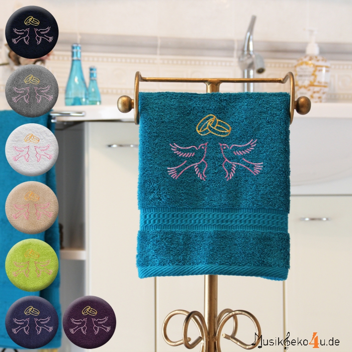 Hochzeit - Handtuch farbig, in mehreren Größen, zwei Hochzeitstauben mit zwei Hochzeitsringen, bestickt