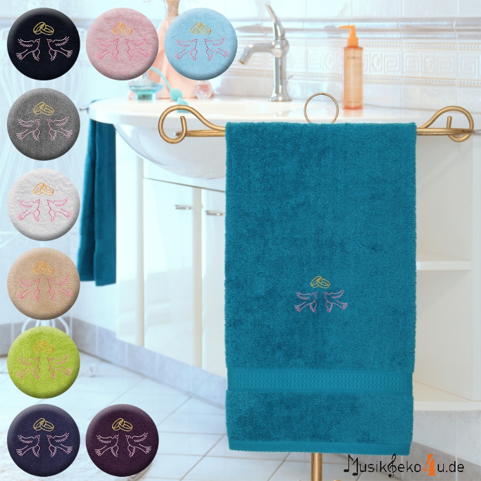 Hochzeit - Handtuch farbig, in mehreren Größen, zwei Hochzeitstauben mit zwei Hochzeitsringen, bestickt