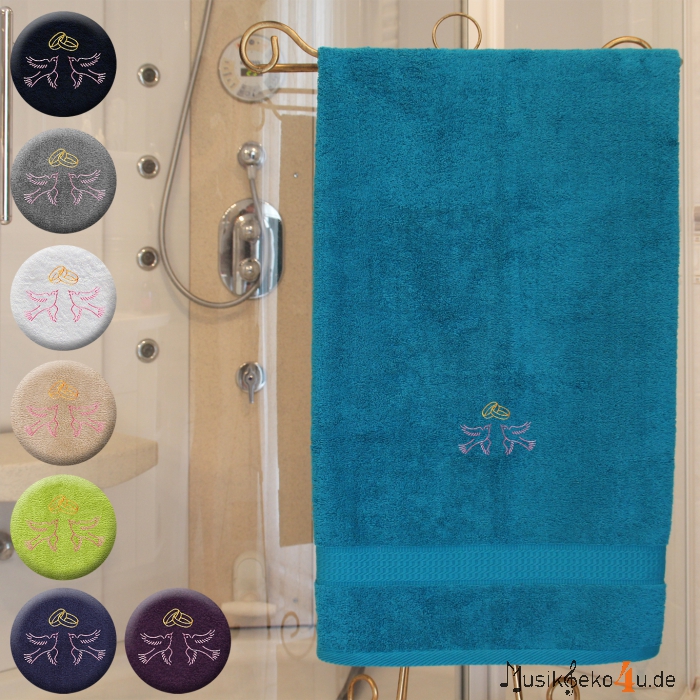 Hochzeit - Handtuch farbig, in mehreren Größen, zwei Hochzeitstauben mit zwei Hochzeitsringen, bestickt