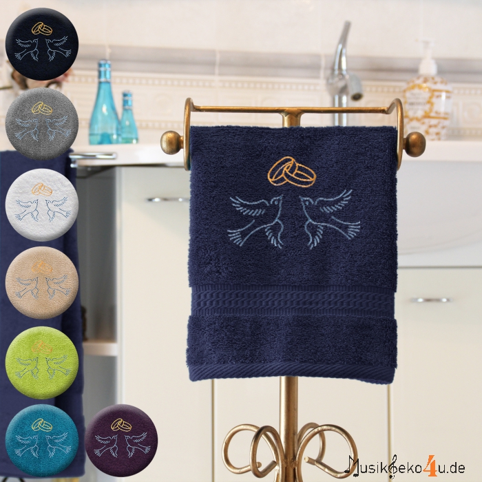 Hochzeit - Handtuch farbig, in mehreren Größen, zwei Hochzeitstauben mit zwei Hochzeitsringen, bestickt