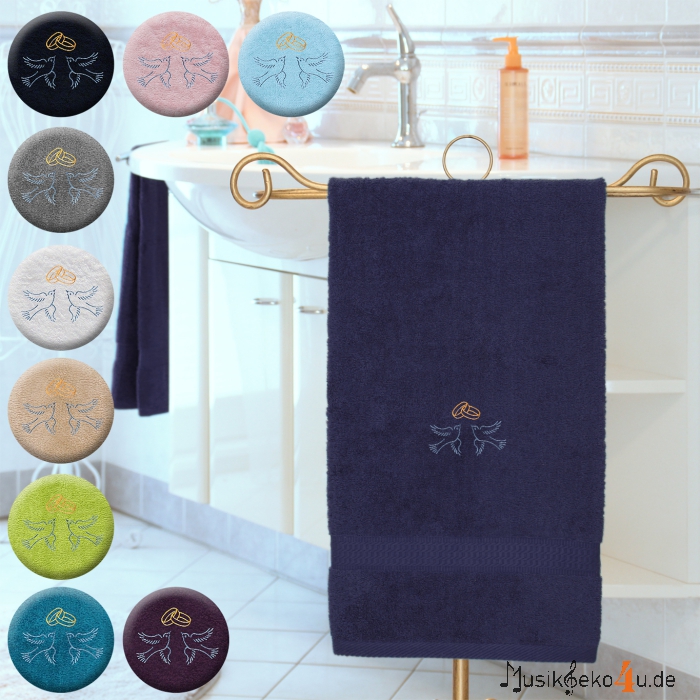 Hochzeit - Handtuch farbig, in mehreren Größen, zwei Hochzeitstauben mit zwei Hochzeitsringen, bestickt