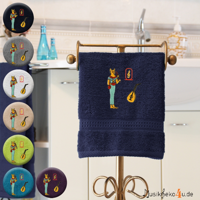 Bastet mit Laute - Handtuch, farbig in mehreren Größen, ägyptische Göttin Bastet mit einer Laute bestickt