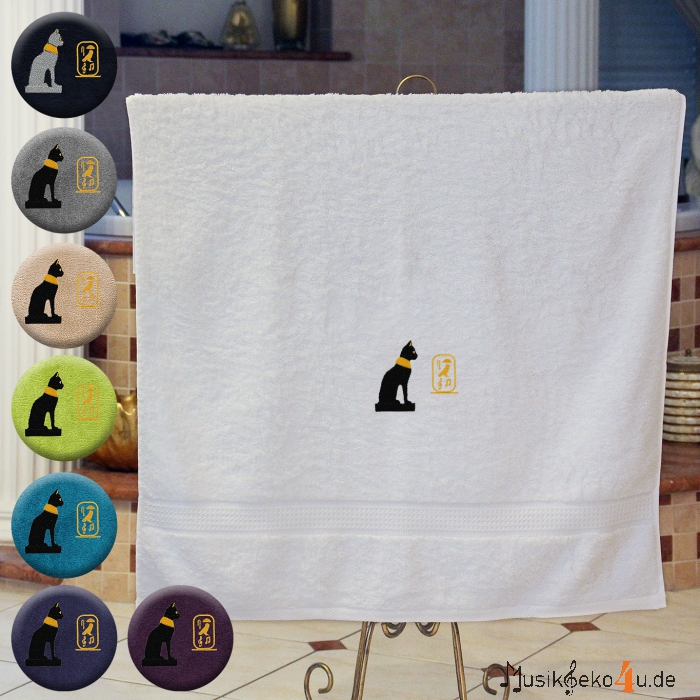 Ägyptische Katze - Handtuch, farbig in mehreren Größen, ägyptische Katze mit Kartusche bestickt