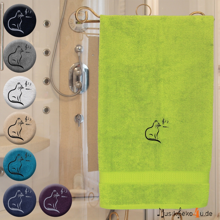 Katze - Handtuch, farbig in mehreren Größen, mit einer Katze und Notenschlüssel bestickt