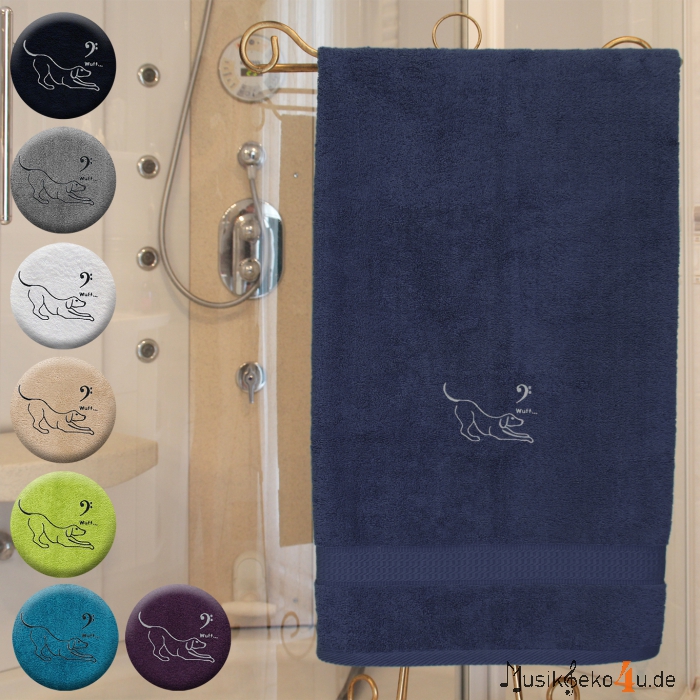 Hund - Handtuch, farbig in mehreren Größen, mit Hund und Notenschlüssel bestickt