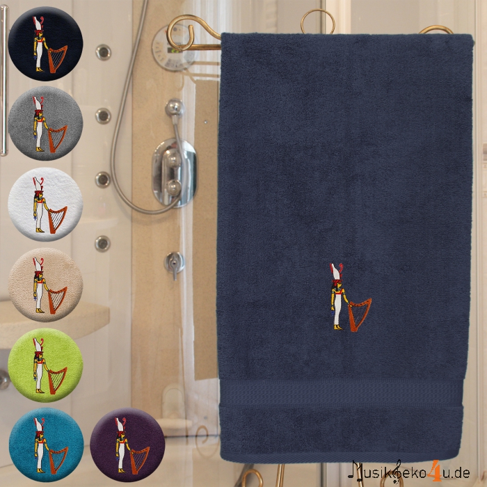 Isis mit Doppelkrone und großer Harfe - Handtuch, farbig in mehreren Größen, ägyptische Göttin Isis mit Doppelkrone und großer Harfe bestickt