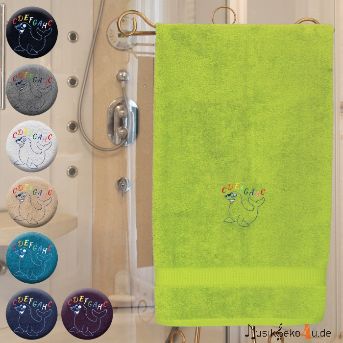 Robbe - Kinderhandtuch, farbig in mehreren Größen, mit Robbe und Tonleiter bestickt