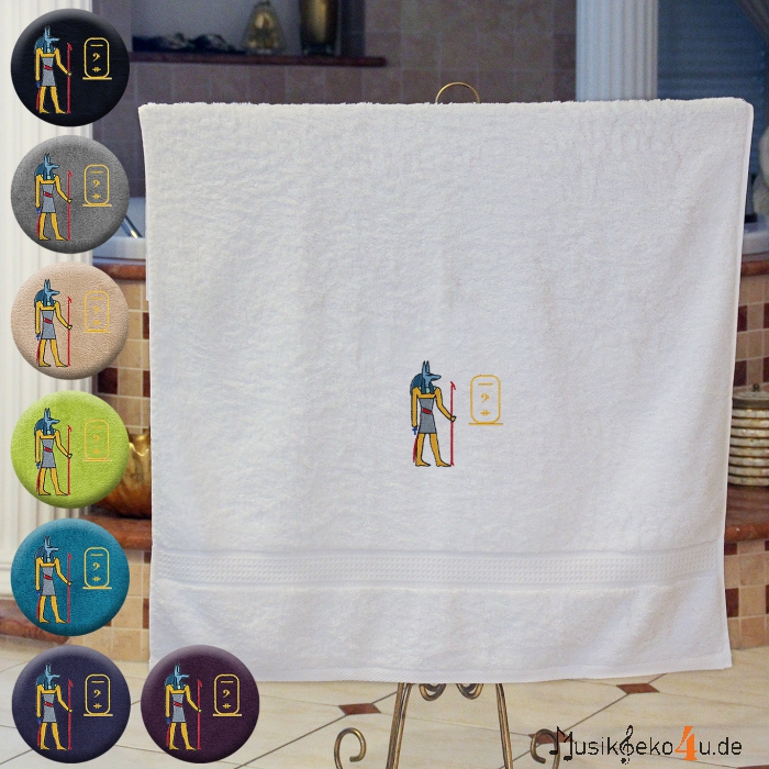 Anubis mit Kartusche - Handtuch, farbig in mehreren Größen, ägyptischer Gott Anubis mit Kartusche bestickt