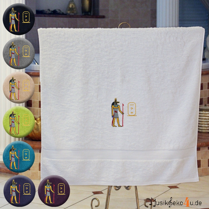 Anubis mit Kartusche - Handtuch, farbig in mehreren Größen, ägyptischer Gott Anubis mit Kartusche bestickt