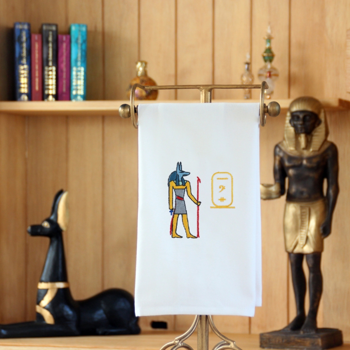 Geschirrtuch 50 x 70 cm, weiß mit dem ägyptischen Gott Anubis in zwei Ausführungen bestickt