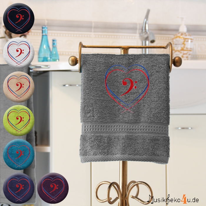 Zwei Herzen - Handtuch, farbig in mehreren Größen, zwei Herzen und einem Notenschlüssel bestickt