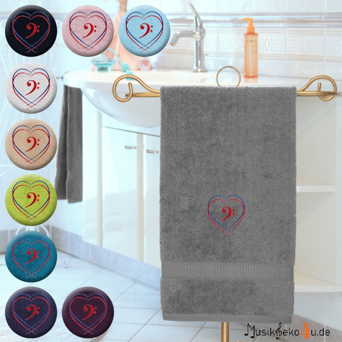 Zwei Herzen - Handtuch, farbig in mehreren Größen, zwei Herzen und einem Notenschlüssel bestickt
