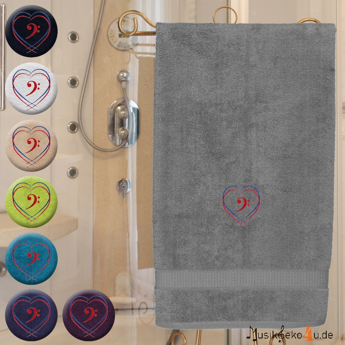 Zwei Herzen - Handtuch, farbig in mehreren Größen, zwei Herzen und einem Notenschlüssel bestickt