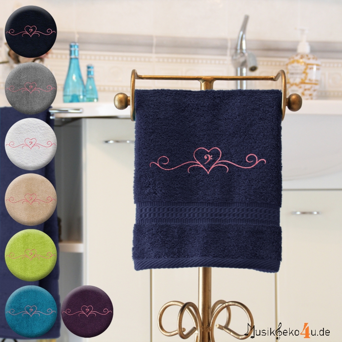 Herz - Handtuch, farbig in mehreren Größen, mit Herz und einem Notenschlüssel bestickt