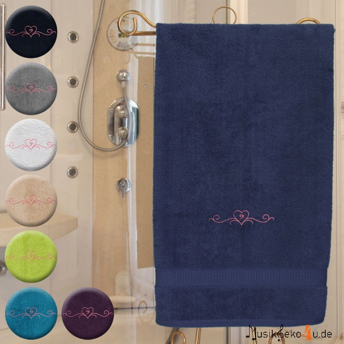 Herz - Handtuch, farbig in mehreren Größen, mit Herz und einem Notenschlüssel bestickt
