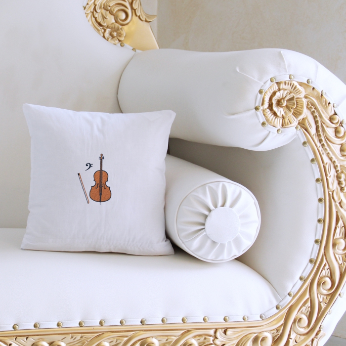 Mini-Kissen Weiß 30 x 30 cm mit Füllung, mit Streichinstrumenten bestickt