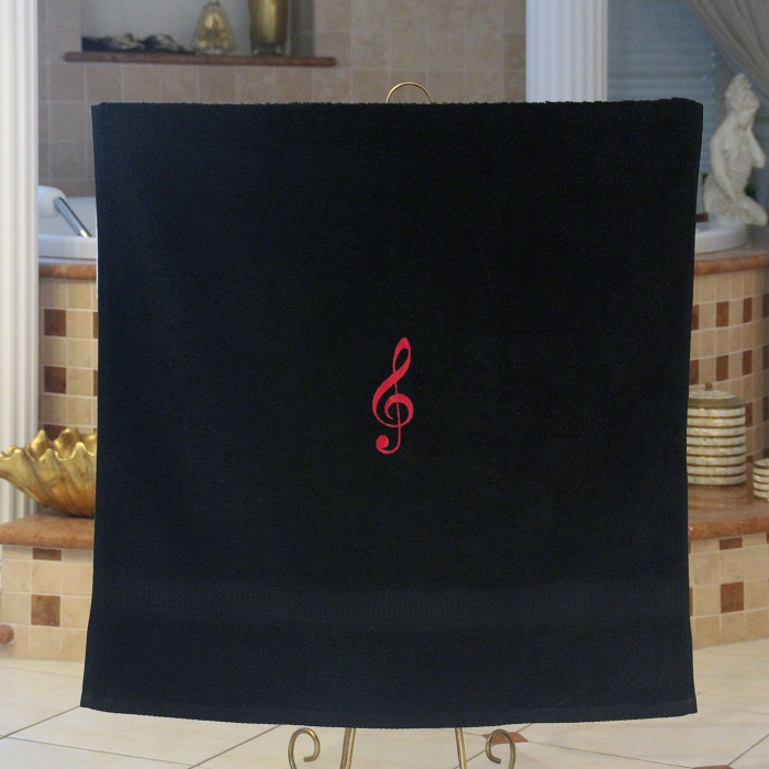 Badetuch 70cm x 140cm schwarz, mit bunten Violinschlüssel bestickt