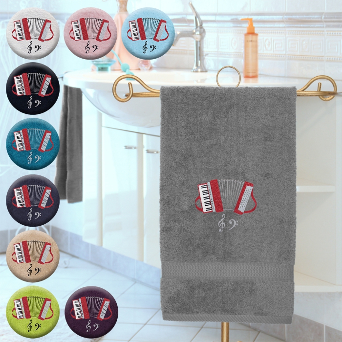 Akkordeon - Handtuch, mehrere Farben und Größen, Akkordeon mit Notenschlüsseln bestickt