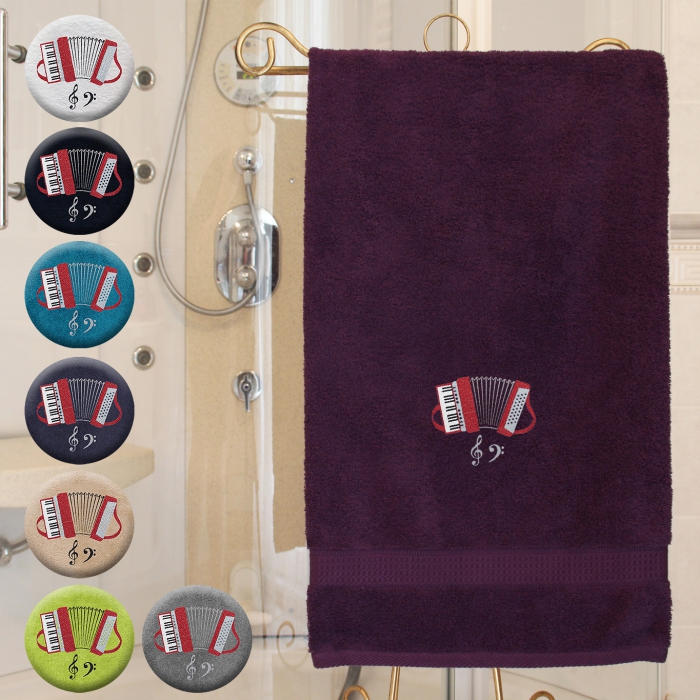 Akkordeon - Handtuch, mehrere Farben und Größen, Akkordeon mit Notenschlüsseln bestickt