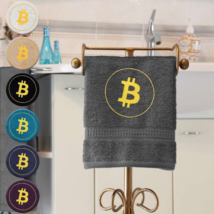 Bitcoin - Gästehandtuch, mehrere Farben mit einem Bitcoin bestickt