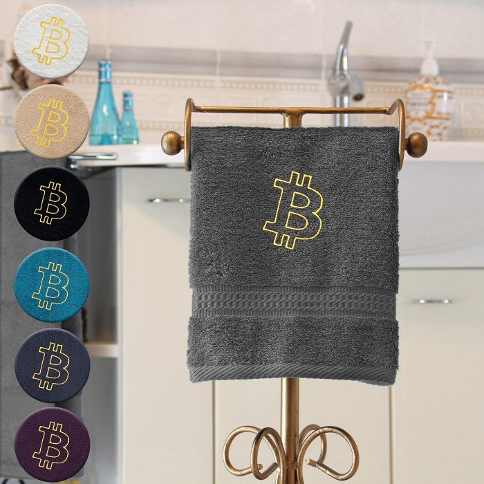 Bitcoin - Gästehandtuch, mehrere Farben mit einem Bitcoin bestickt