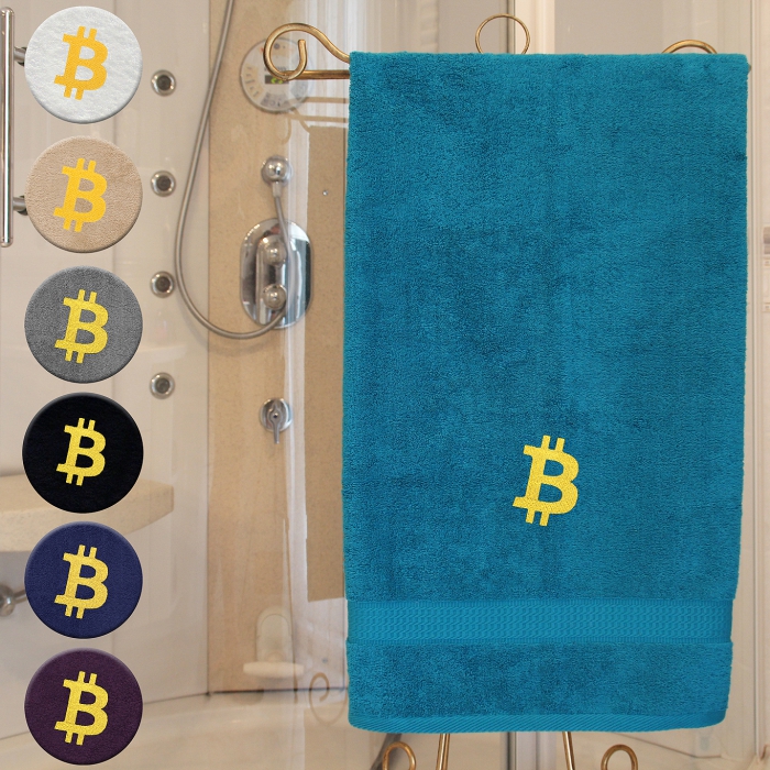 Bitcoin - Badetuch, mehrere Farben mit einem Bitcoin bestickt