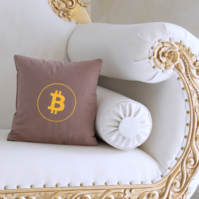 Mini-Kissen mehrere Farben 30 x 30 cm, mit gefüllter Bitcoin Münze, bestickt