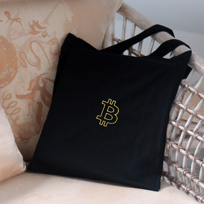 Baumwolltasche schwarz, mit goldenen Bitcoin bestickt