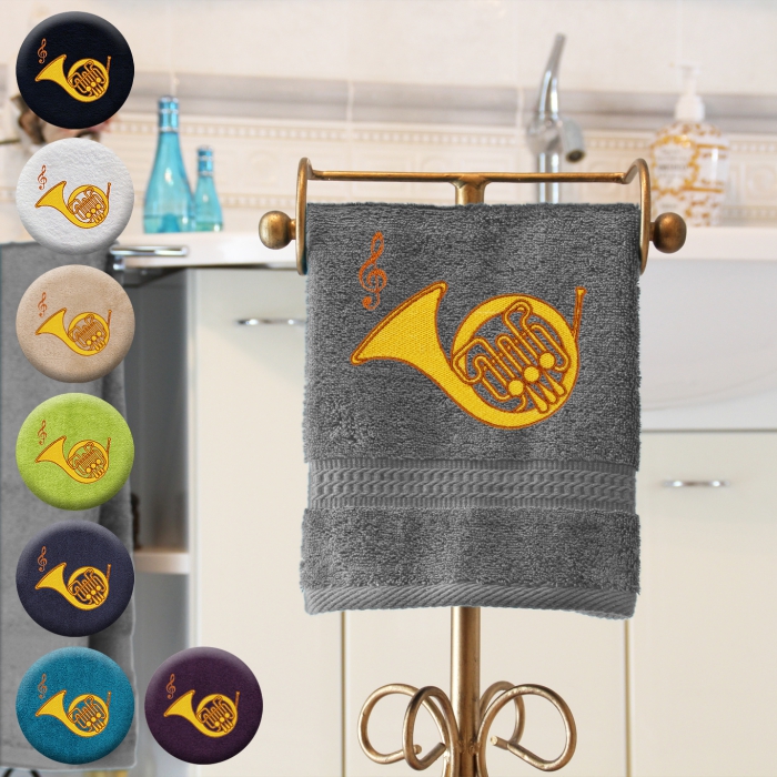 Horn - Handtuch, mehrere Farben und Größen, Horn mit Notenschlüssel bestickt