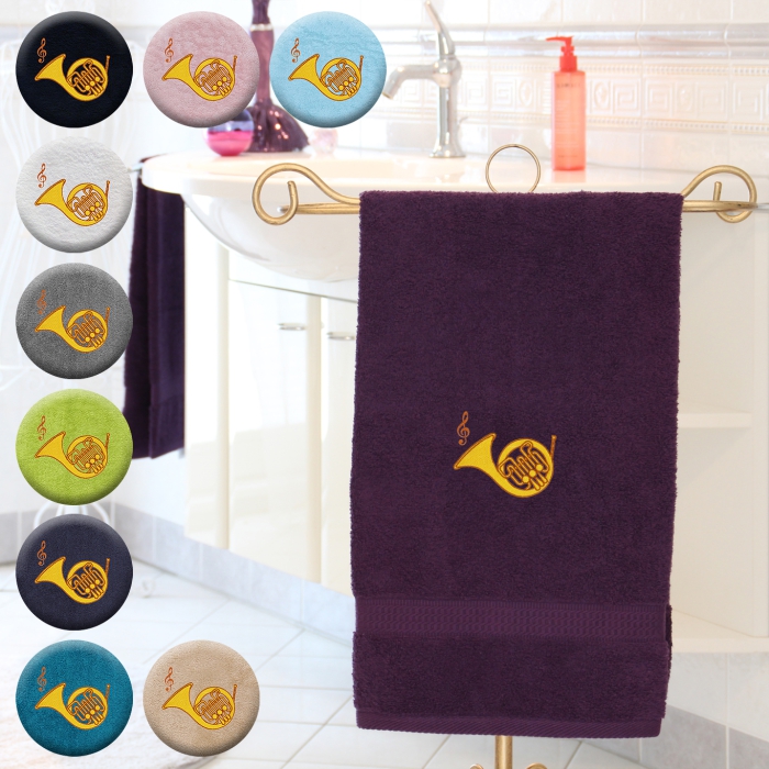 Horn - Handtuch, mehrere Farben und Größen, Horn mit Notenschlüssel bestickt
