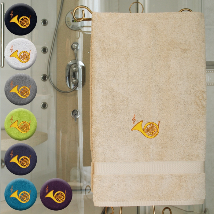 Horn - Handtuch, mehrere Farben und Größen, Horn mit Notenschlüssel bestickt