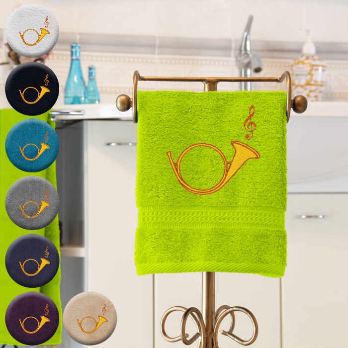 Jagdhorn - Handtuch, mehrere Farben und Größen, Jagdhorn mit Notenschlüssel bestickt