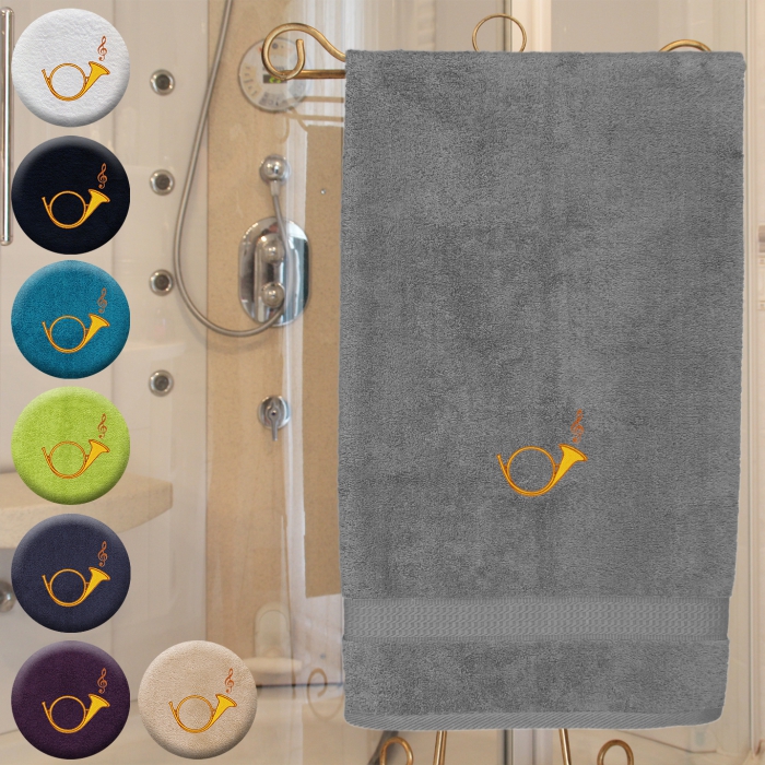 Jagdhorn - Handtuch, mehrere Farben und Größen, Jagdhorn mit Notenschlüssel bestickt