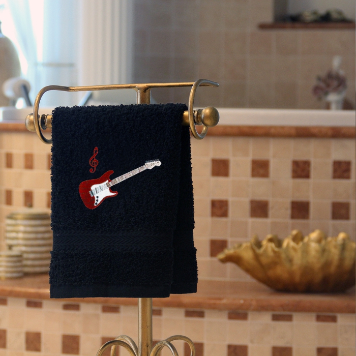 E-Gitarre - Handtuch, schwarz in verschiedenen Größen mit E-Gitarre und Notenschlüssel bestickt