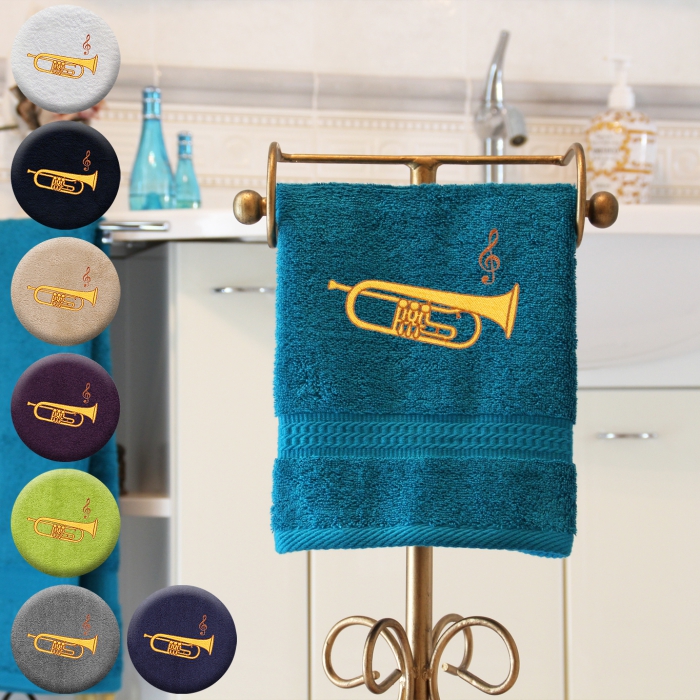 Flügelhorn - Handtuch, mehrere Farben und Größen, Flügelhorn mit Notenschlüssel bestickt
