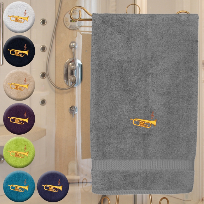 Flügelhorn - Handtuch, mehrere Farben und Größen, Flügelhorn mit Notenschlüssel bestickt