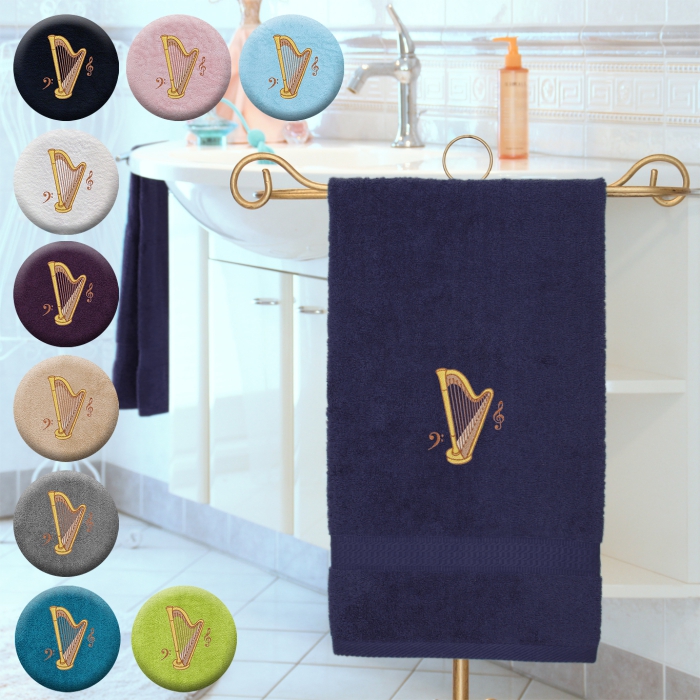 Harfe - Handtuch, mehrere Farben und Größen, Harfe mit zwei Notenschlüsseln bestickt