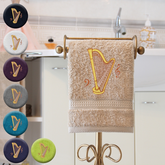 Harfe - Handtuch, mehrere Farben und Größen, Harfe mit zwei Notenschlüsseln bestickt