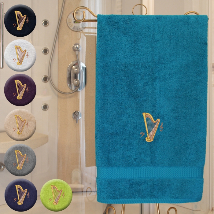 Harfe - Handtuch, mehrere Farben und Größen, Harfe mit zwei Notenschlüsseln bestickt