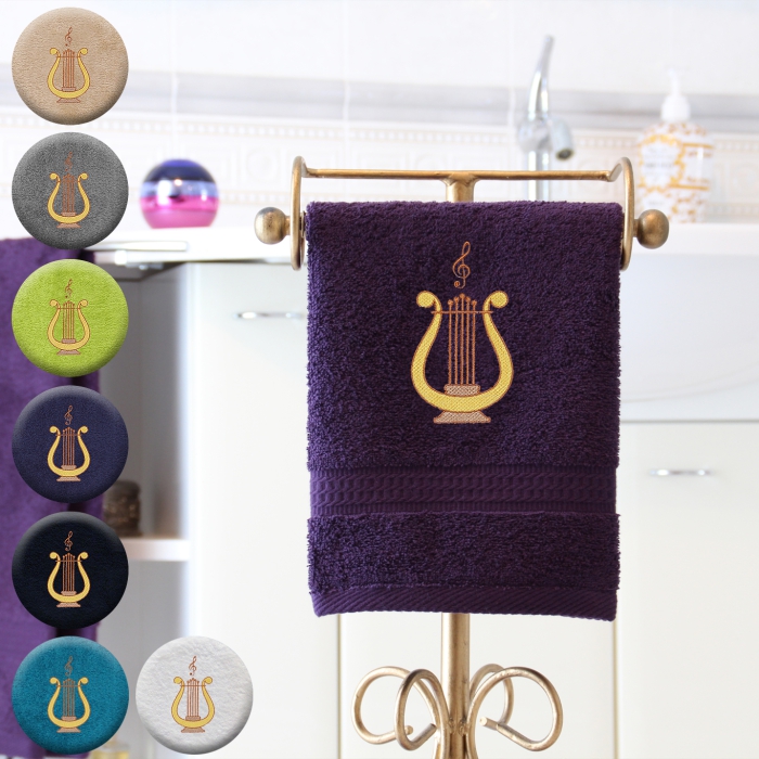 Lyra-Harfe - Handtuch, mehrere Farben und Größen, Lyra-Harfe mit Violinschlüssel bestickt