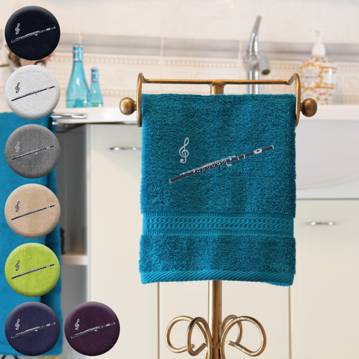 Querflöte - Handtuch, mehrere Farben und Größen, mit Querflöte und Violinschlüssel bestickt
