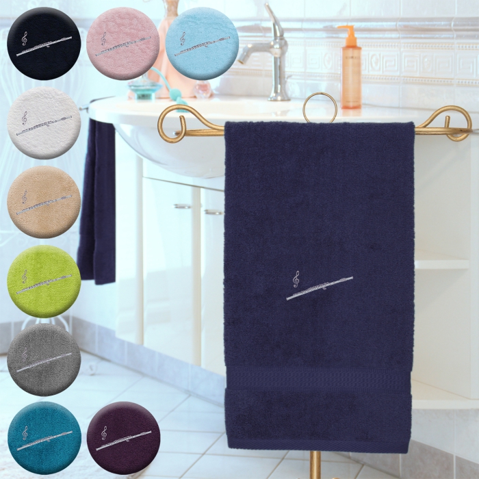 Querflöte - Handtuch, mehrere Farben und Größen, mit Querflöte und Violinschlüssel bestickt