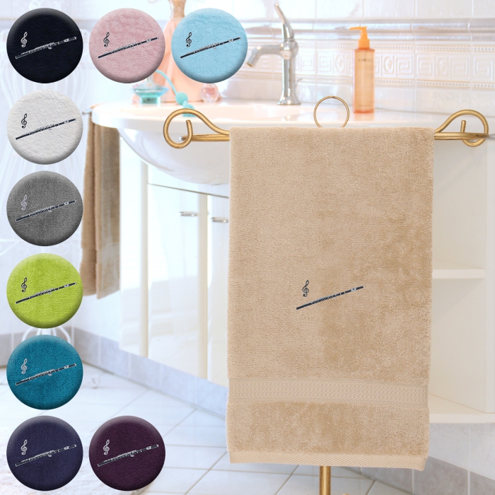 Querflöte - Handtuch, mehrere Farben und Größen, mit Querflöte und Violinschlüssel bestickt