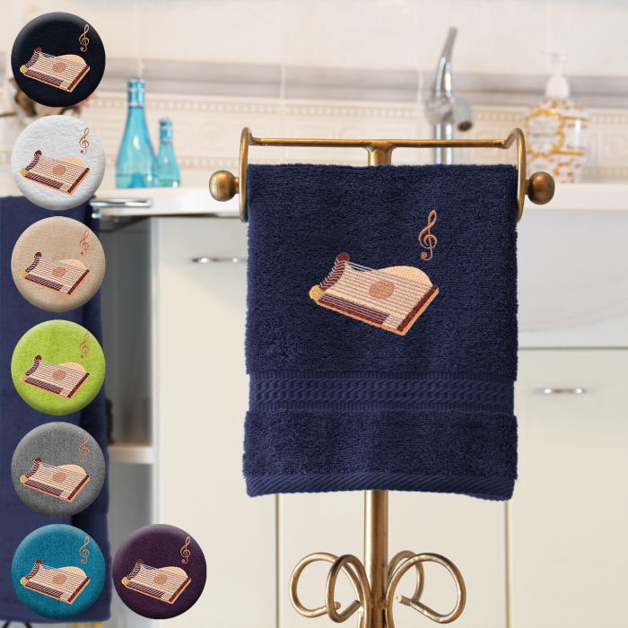 Zither - Handtuch, mehrere Farben und Größen, mit Zither und Violinschlüssel bestickt