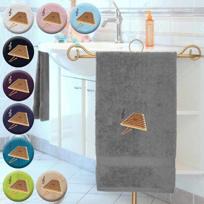 Hackbrett - Handtuch, mehrere Farben und Größen, mit einem Hackbrett und Violinschlüssel bestickt