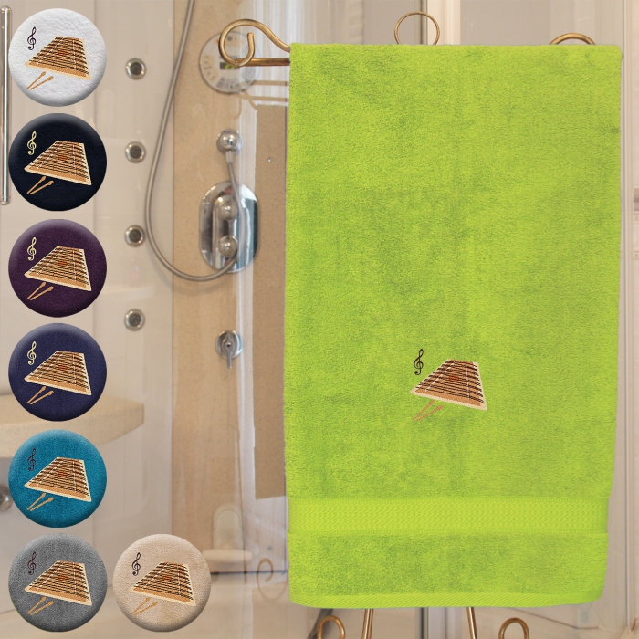 Hackbrett - Handtuch, mehrere Farben und Größen, mit einem Hackbrett und Violinschlüssel bestickt