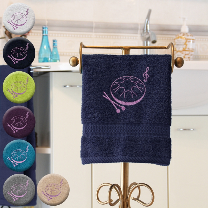 Zungentrommel - Handtuch, mehrere Farben und Größen, mit Zungentrommel und Violinschlüssel bestickt