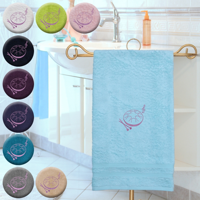 Zungentrommel - Handtuch, mehrere Farben und Größen, mit Zungentrommel und Violinschlüssel bestickt