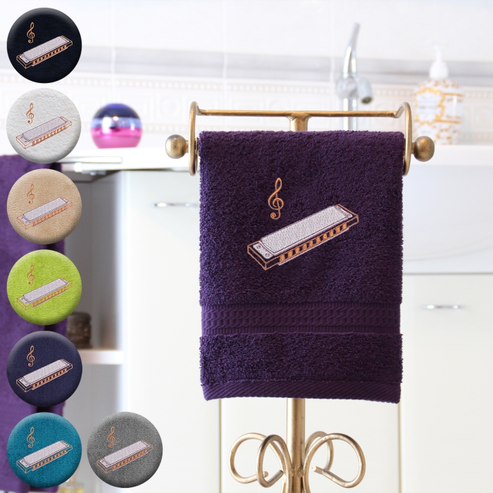 Mundharmonika - Handtuch, mehrere Farben und Größen, mit Mundharmonika und Violinschlüssel bestickt